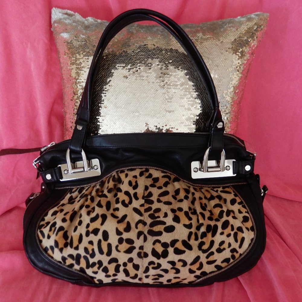 MINT B.MAKOWSKY CALF HAIR COWHIDE LEOPARD ANIMAL PRINT HANDBAG - Picture 2 of 10